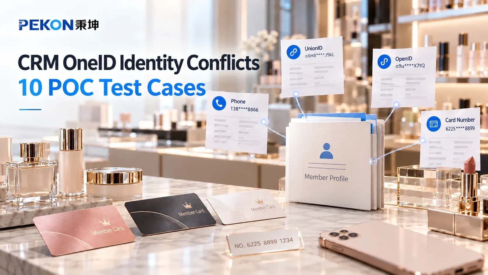 Testing CRM OneID: 10 POC Cases for Phone, UnionID and Card Conflicts — English cover, illustrative scene