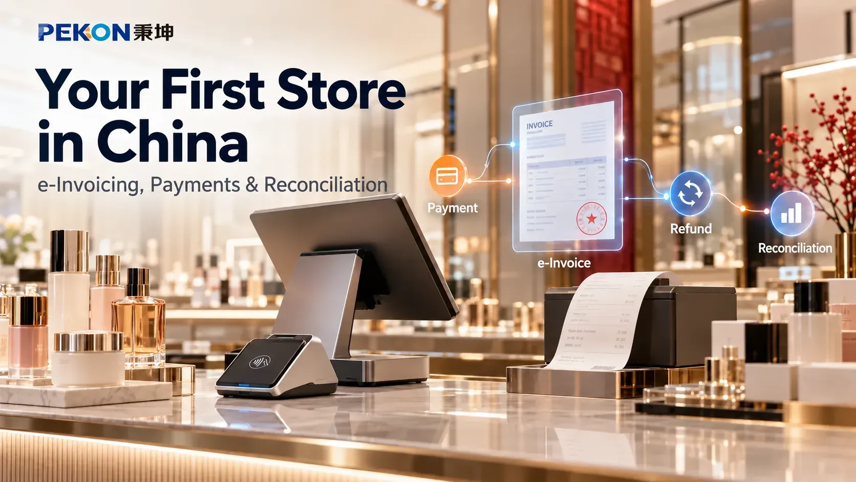 China’s First-Store e-Invoicing: Payments, Refunds and Financial Reconciliation — English cover, illustrative scene