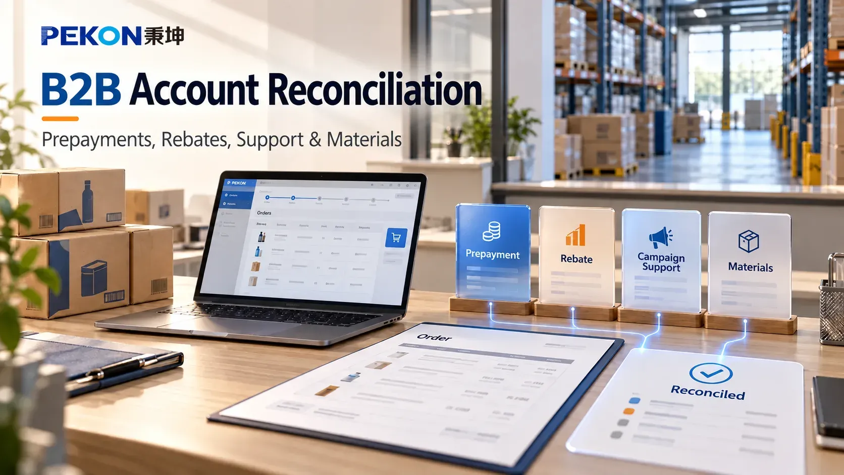 Reconciling Prepayments, Rebates, Campaign Support and Materials in B2B Ordering — English cover, illustrative scene