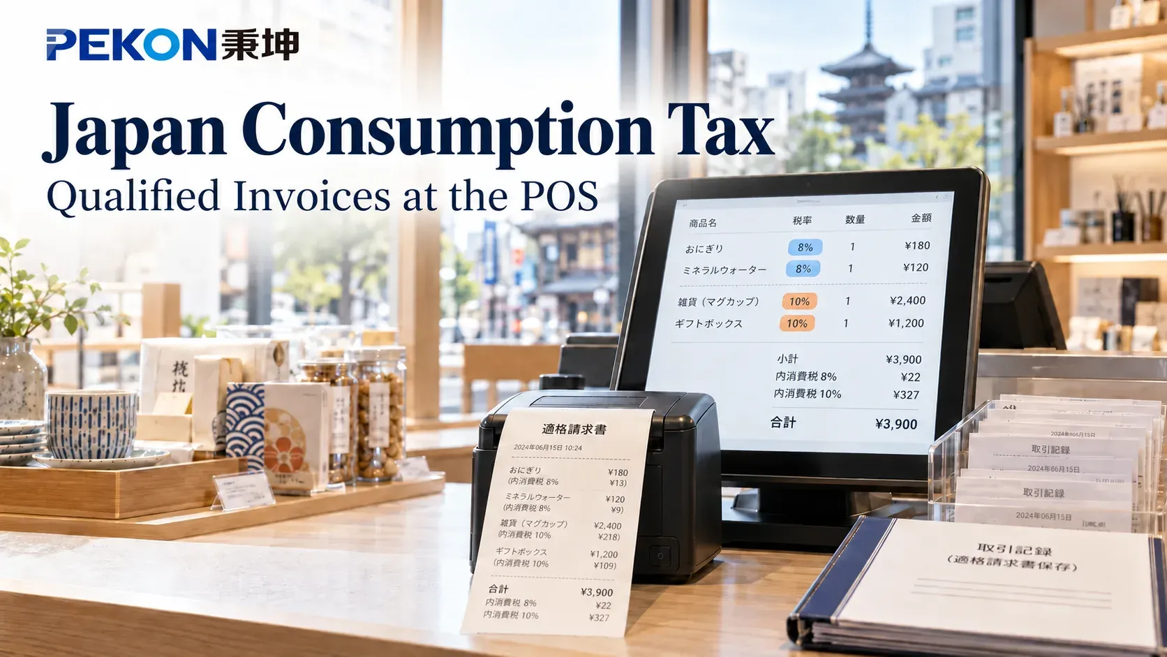 Japan Consumption Tax and Qualified Invoices: A POS Implementation Guide — English cover, illustrative scene