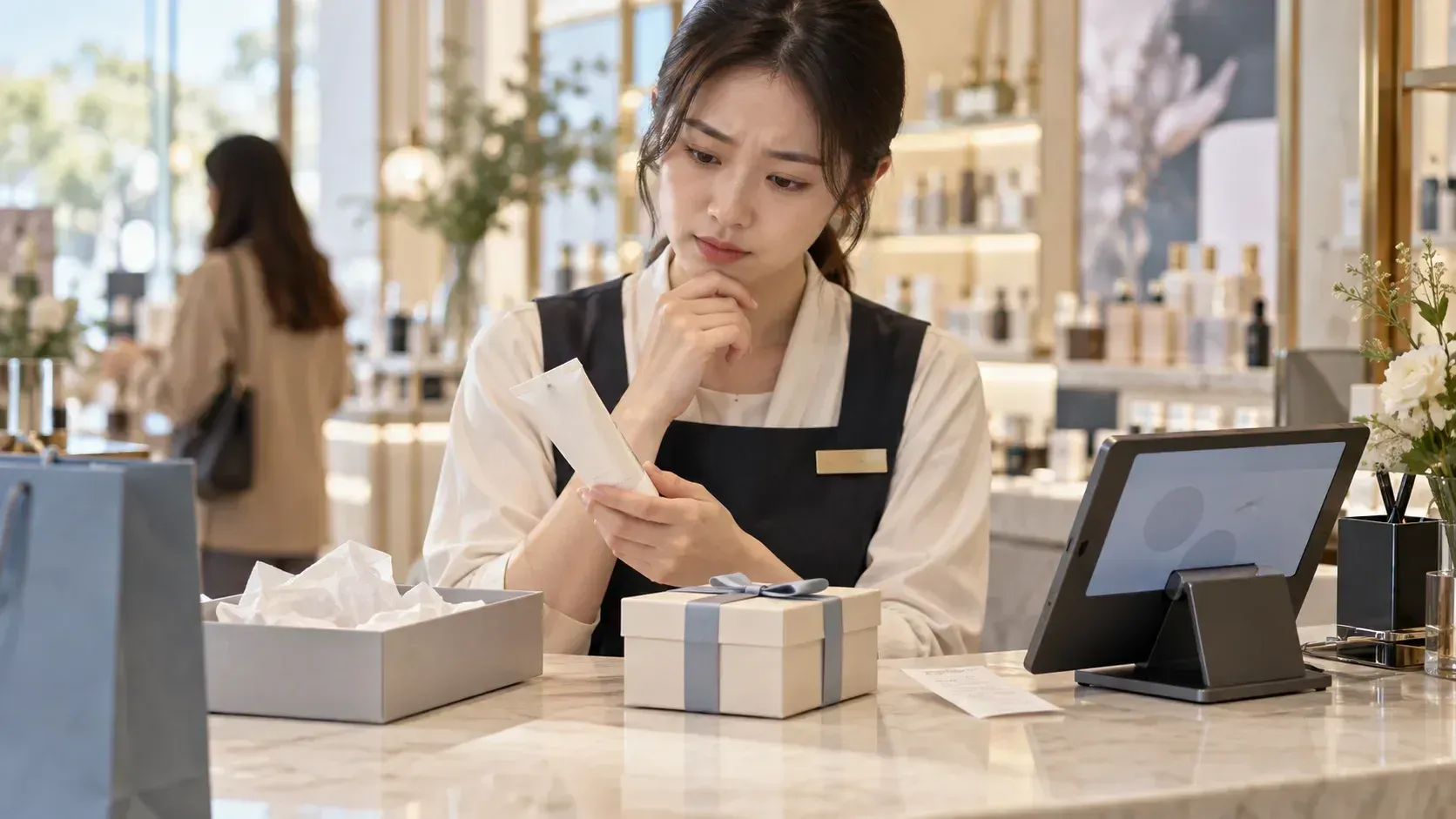 Beauty store adviser reviewing a promotional return with a gift and receipt
