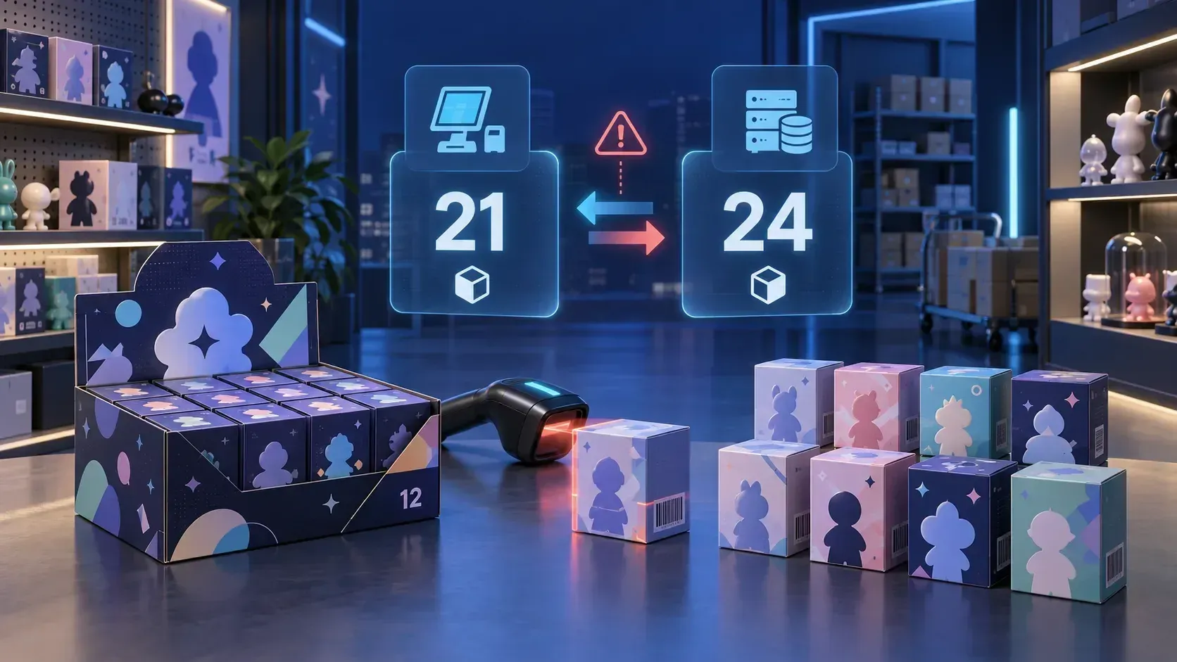 Reconciling 21 units in store with 24 units in ERP for collectible toy inventory