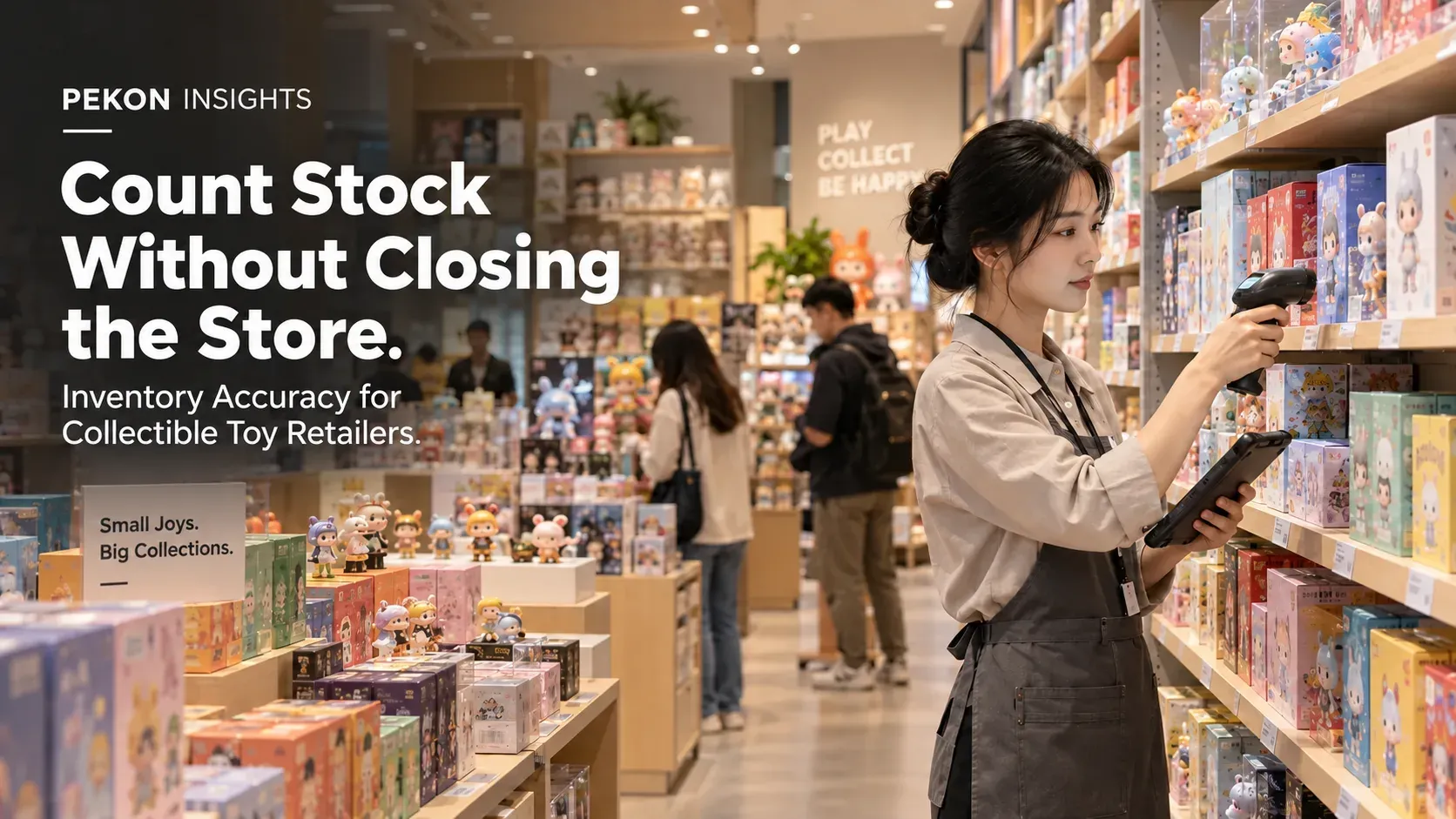 Counting inventory in a collectible toy store while customers shop