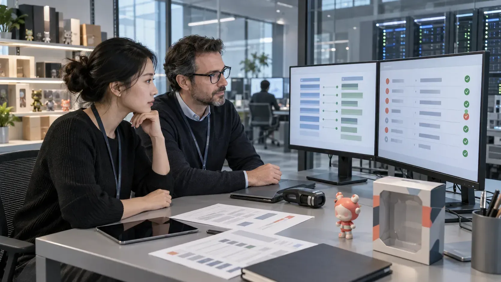 Two colleagues review data mapping and validation screens beside collectible toys.