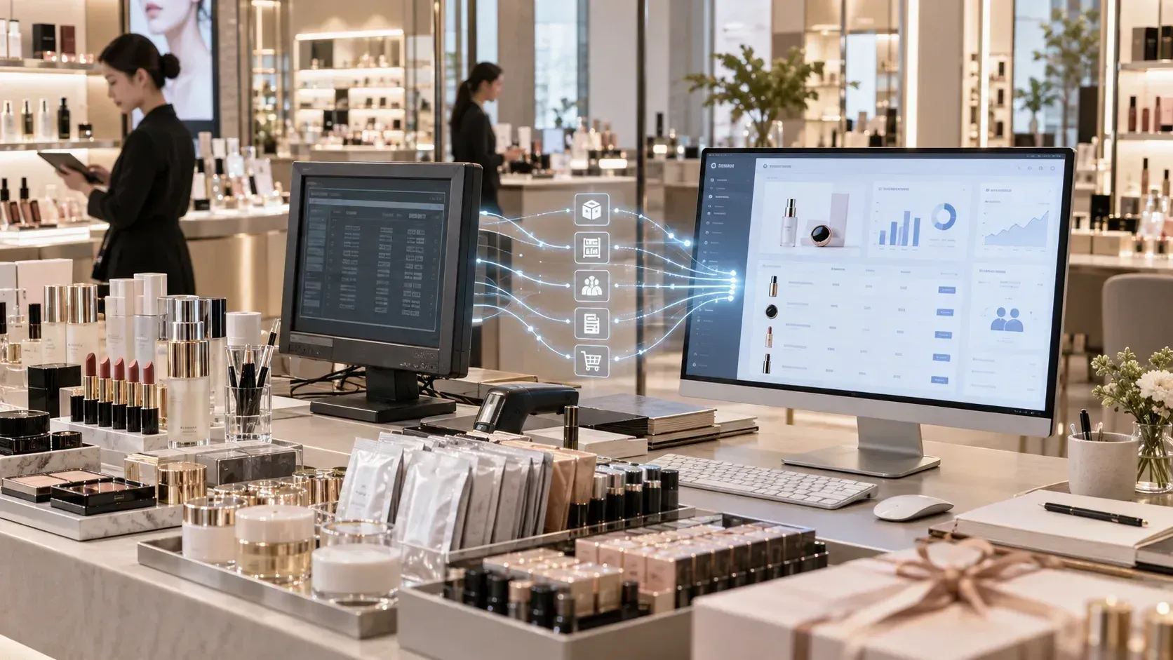 Two retail terminals illustrate data transfer at a cosmetics counter.