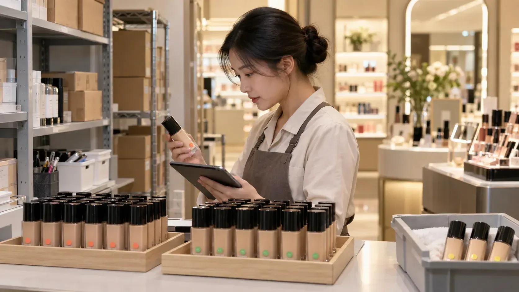 A beauty store employee checks foundation stock with a tablet.