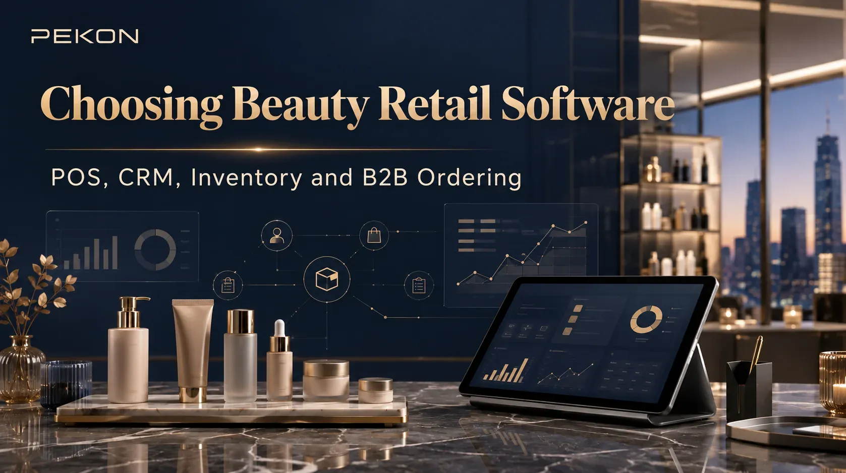 Cosmetics and a tablet illustrate beauty retail software selection.