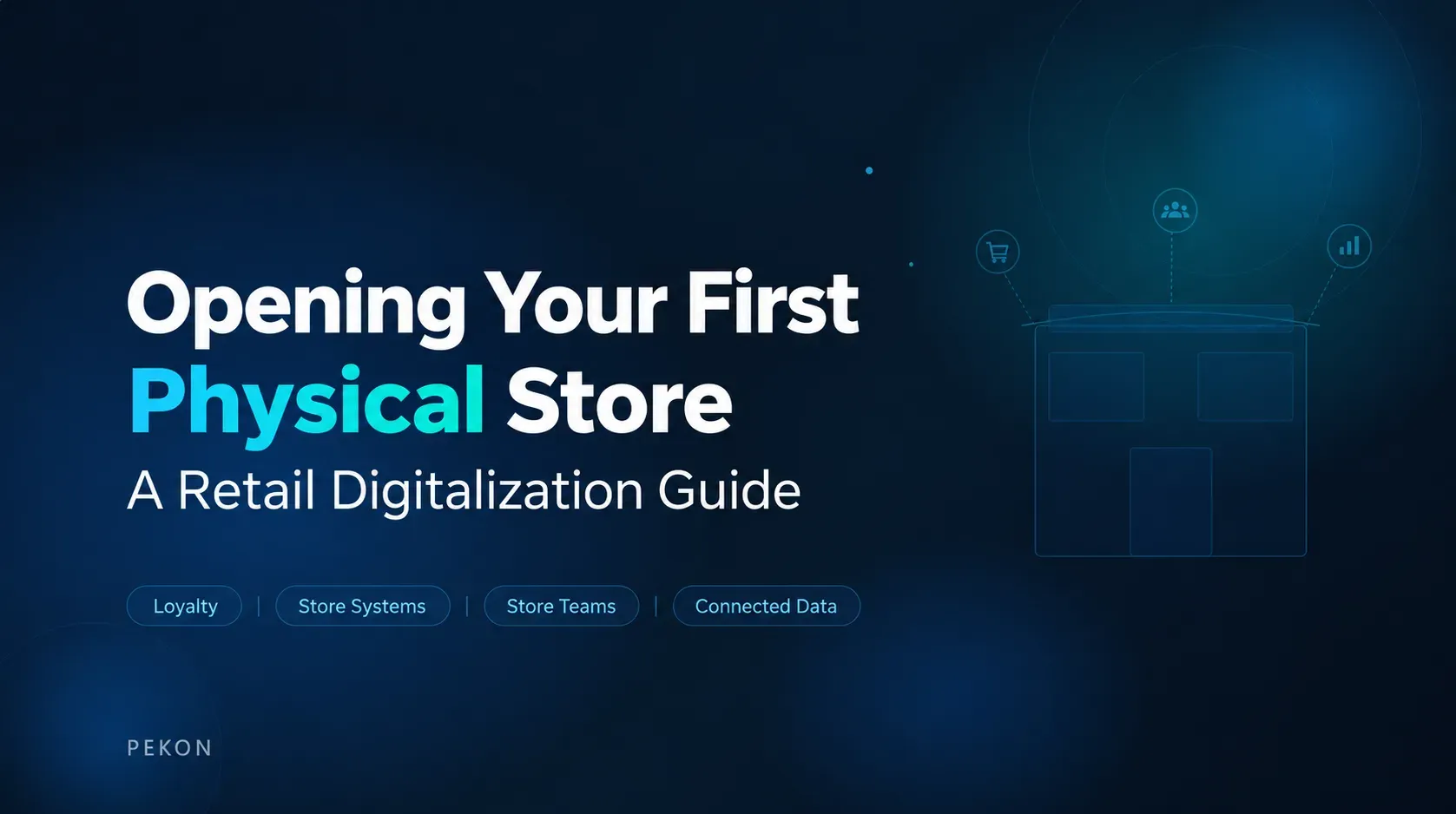 An English first-store retail guide with a storefront outline on a dark blue background.