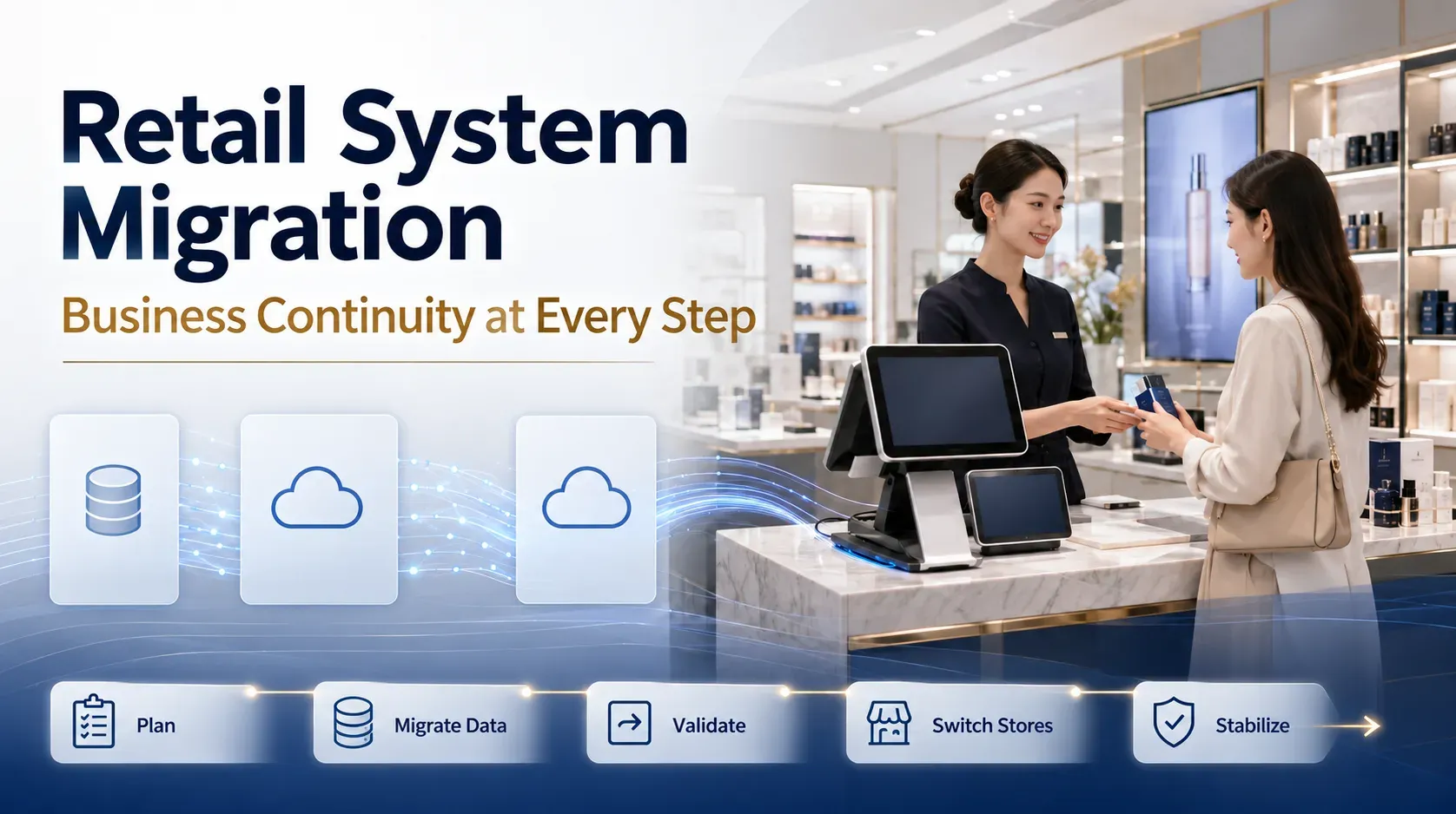 A beauty store transaction alongside a retail system migration workflow.