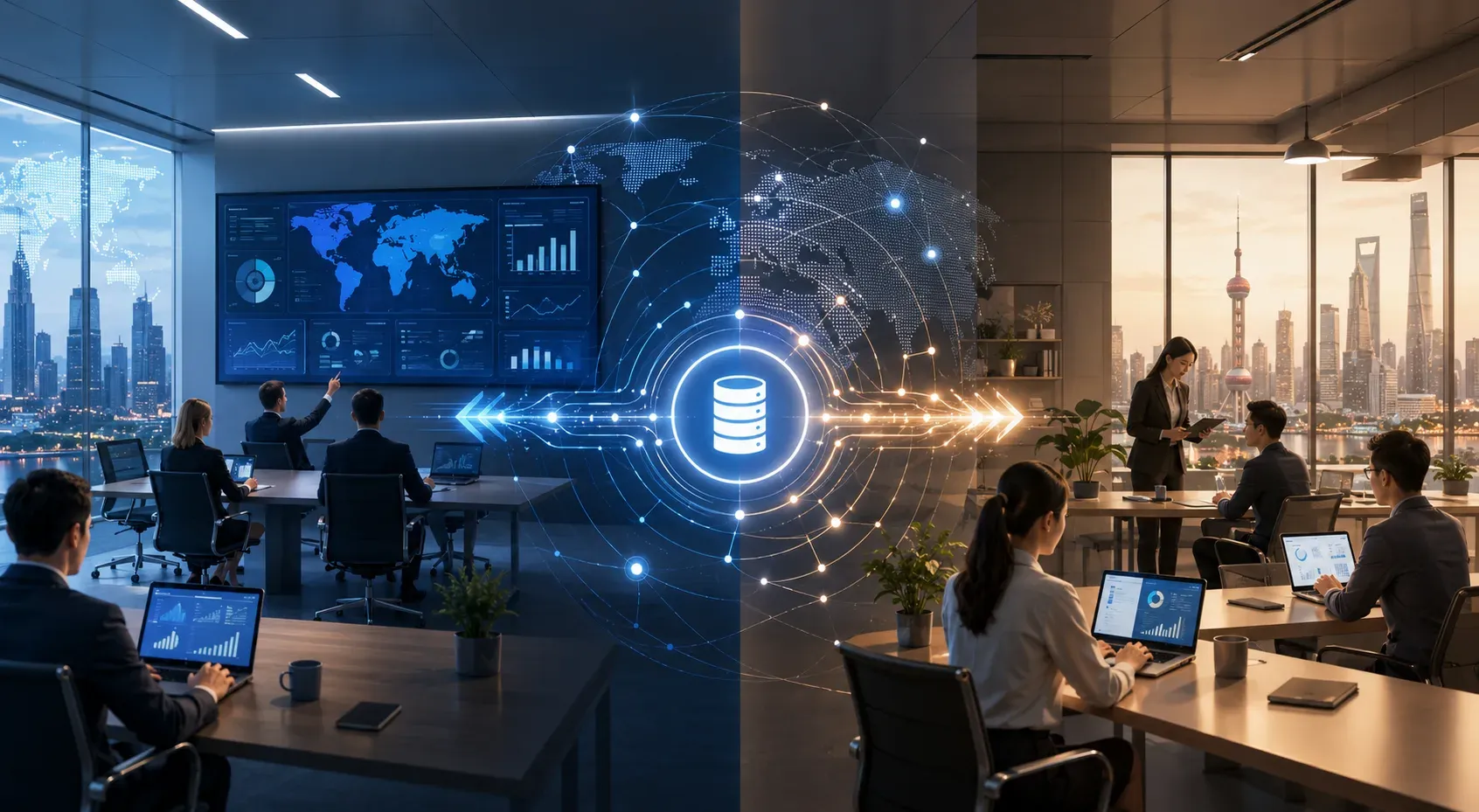 Two business teams and connected data displays illustrate international system integration.