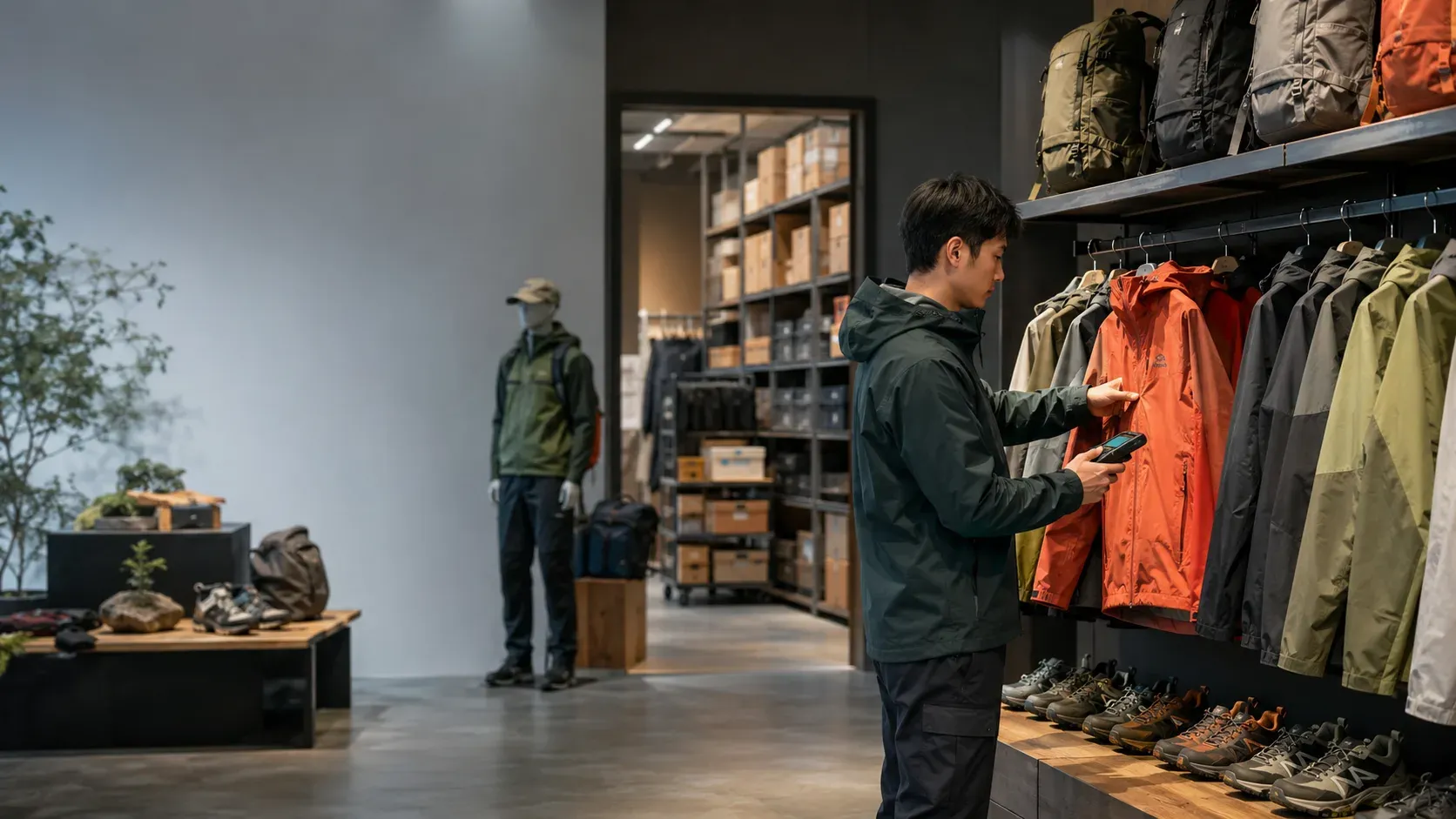 A store employee checks an outdoor jacket with a handheld device.