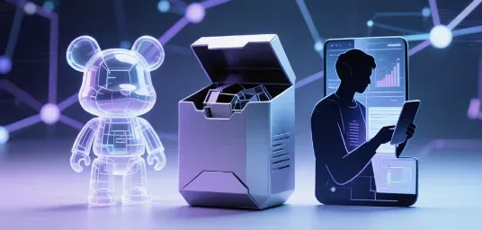 A collectible figure, product box and digital retail interface.