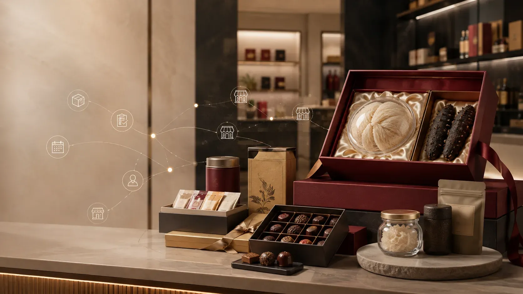 Premium food gift boxes displayed with order and store icons.