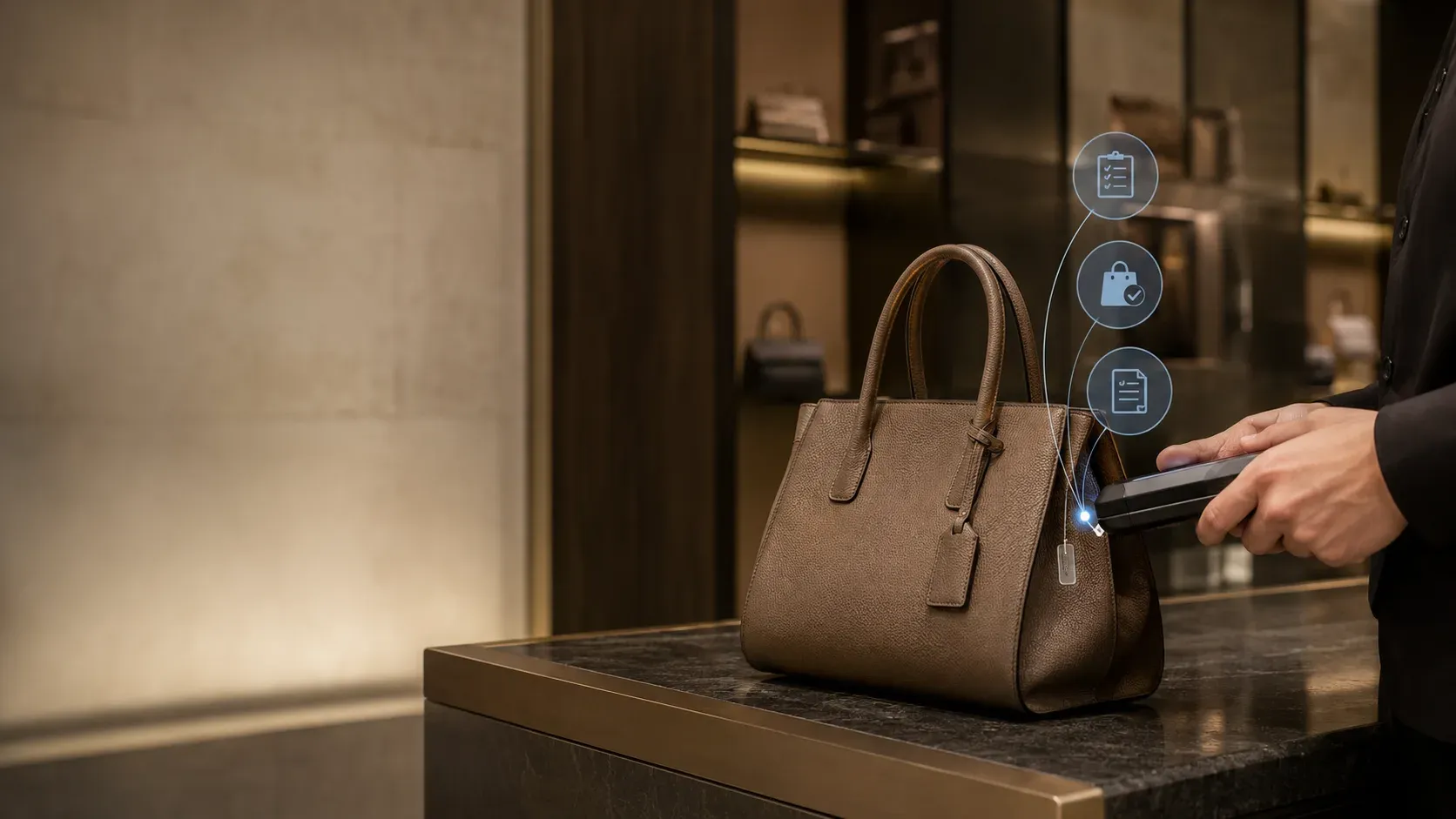 A handheld reader scans a tag attached to a handbag.