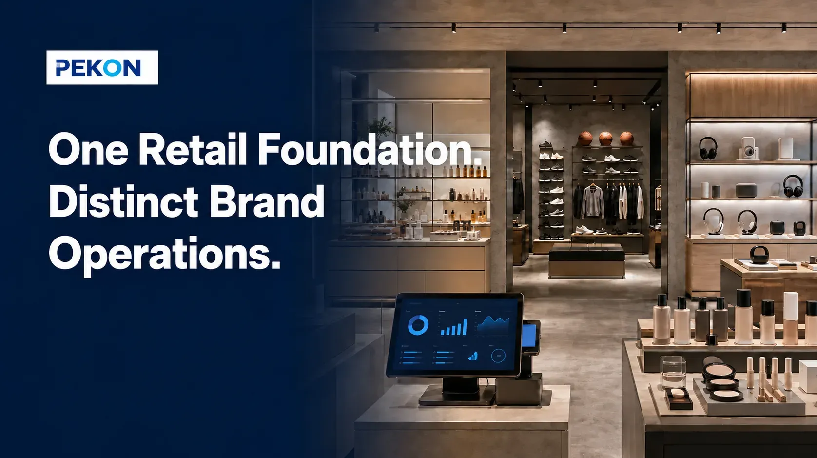 A retail space combines beauty, sportswear and electronics with a shared checkout.