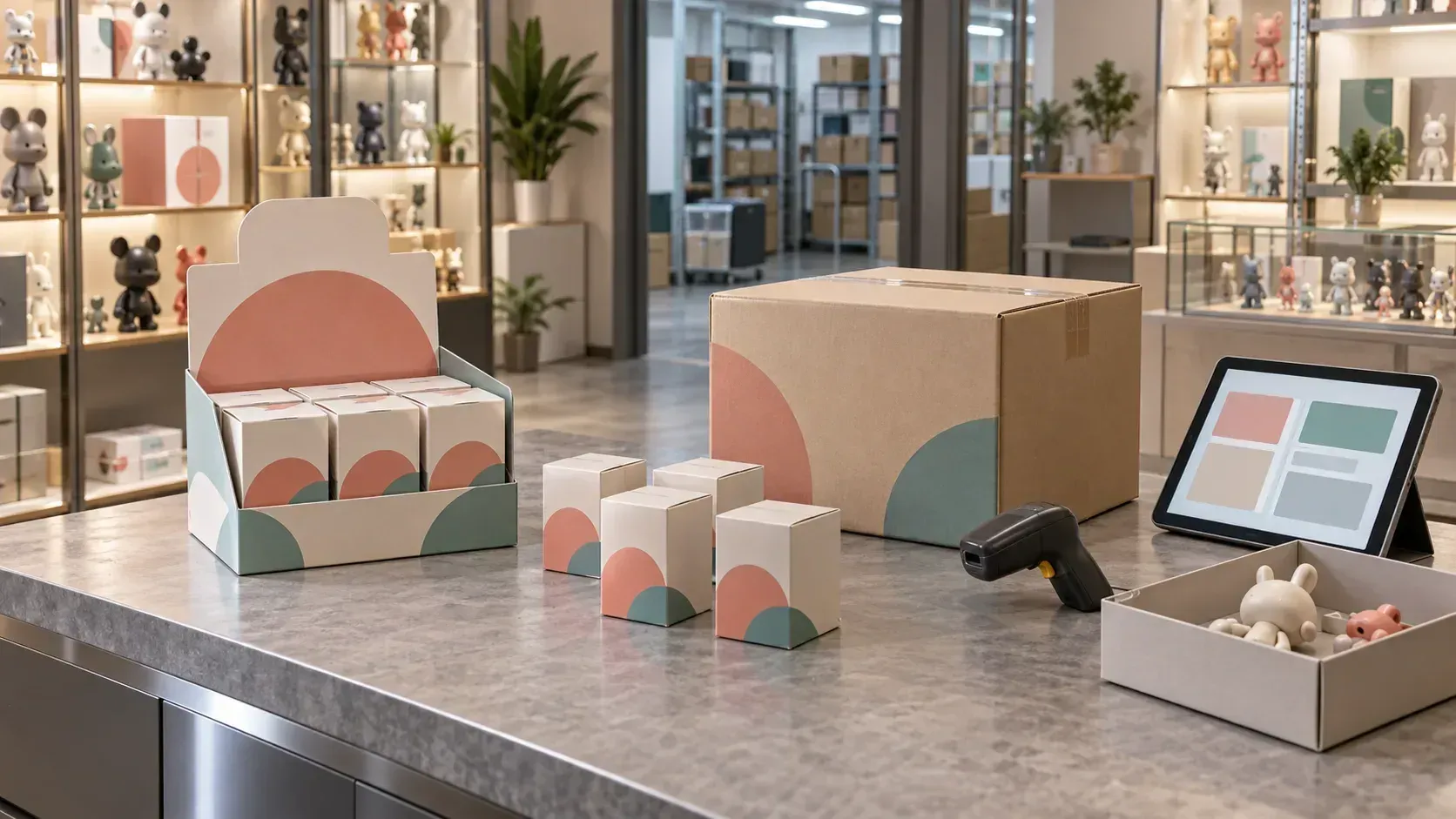 Individual toy boxes, a display carton and an outer case beside a stock scanner.